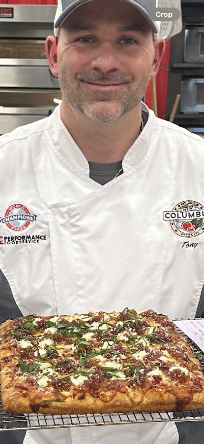 Tony Cerimele, owner of New Columbus Pizza Company, in Nesquehoning, Pennsylvania, is the 2024 World Champion Pizza Maker of the Year at the International Pizza Challenge during Pizza Expo (March 19-21) in Las Vegas