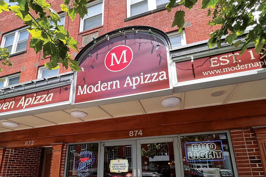 pizzeria exterior, marquee sign, Modern apizza, pepperoni pizza, new haven, connecticut, New Haven style pizza, apizza, 2023 Pizzeria of the Year