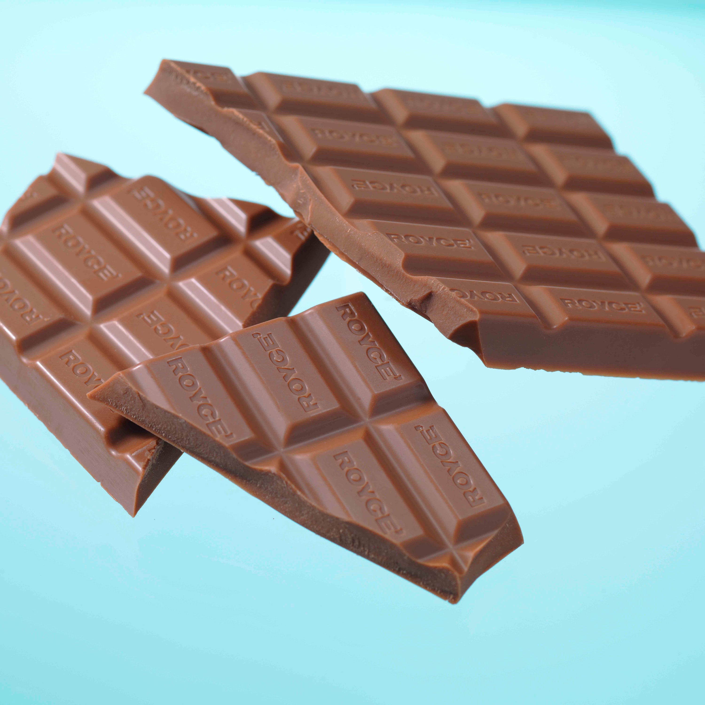 Image shows chocolate bars with blue background.