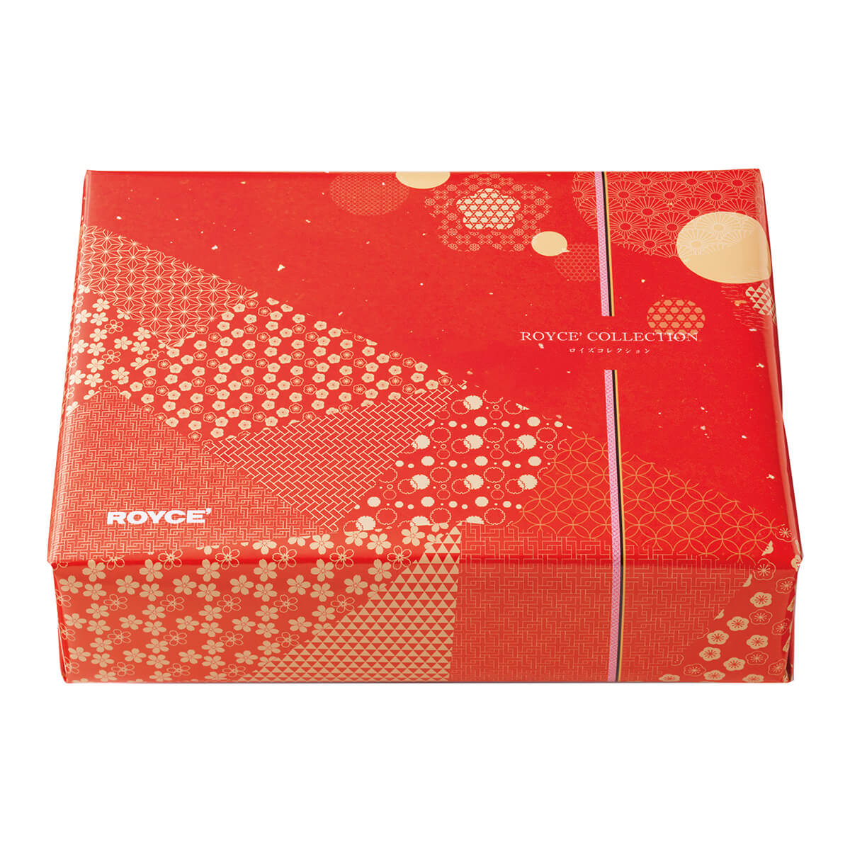 ROYCE' Chocolate - Image shows red printed box with illustrations of flowers and stars. Text says ROYCE' Collection ROYCE'.