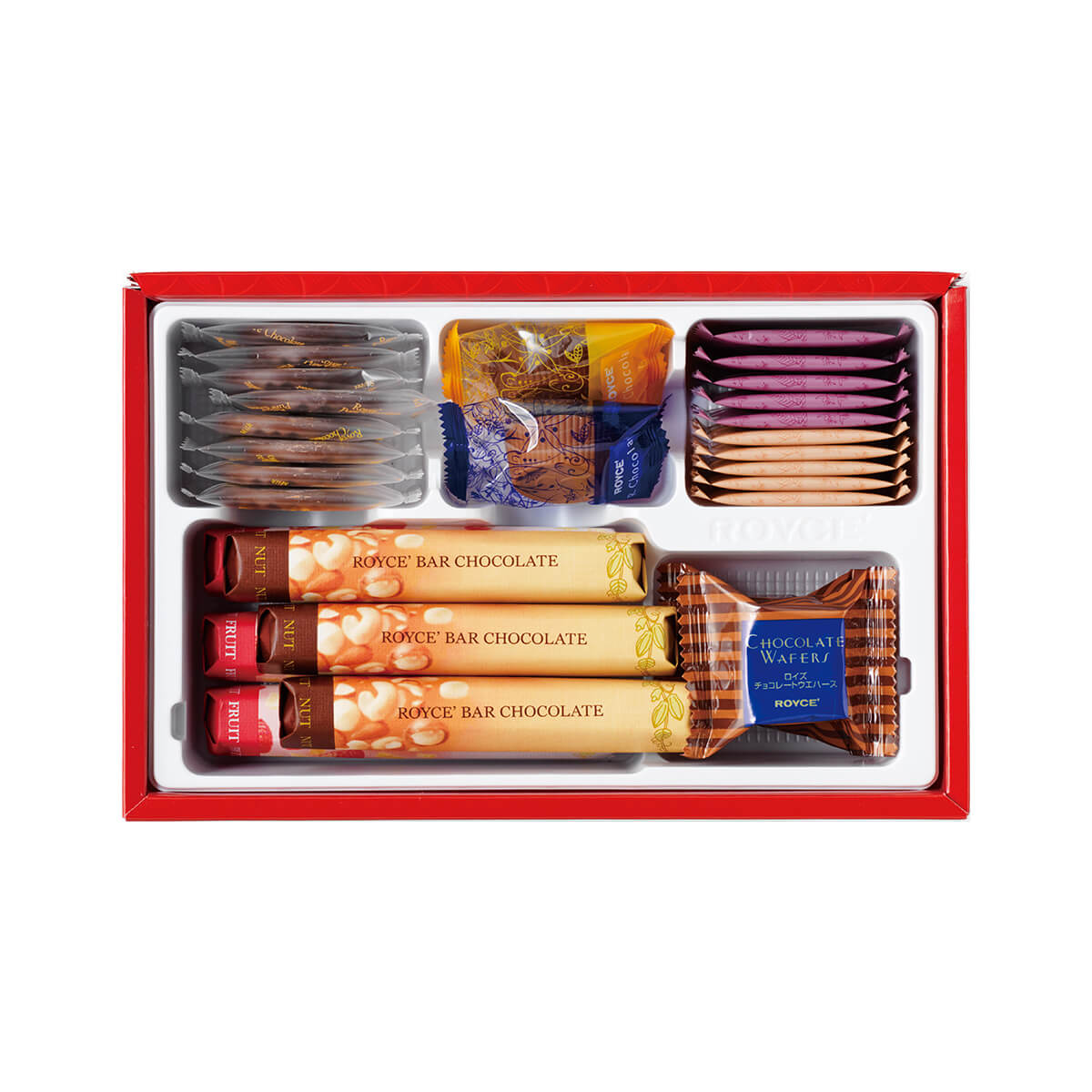 ROYCE' Chocolate - ROYCE’ Variety Assortment - Image shows an open box with individually-wrapped chocolates of different shapes and sizes.